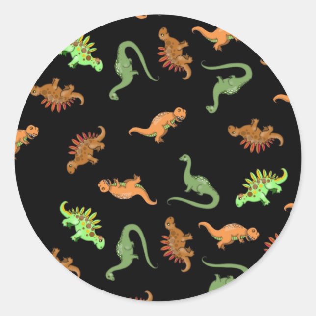 Sticker Rond Dinosaures mignons sur fond noir (Devant)