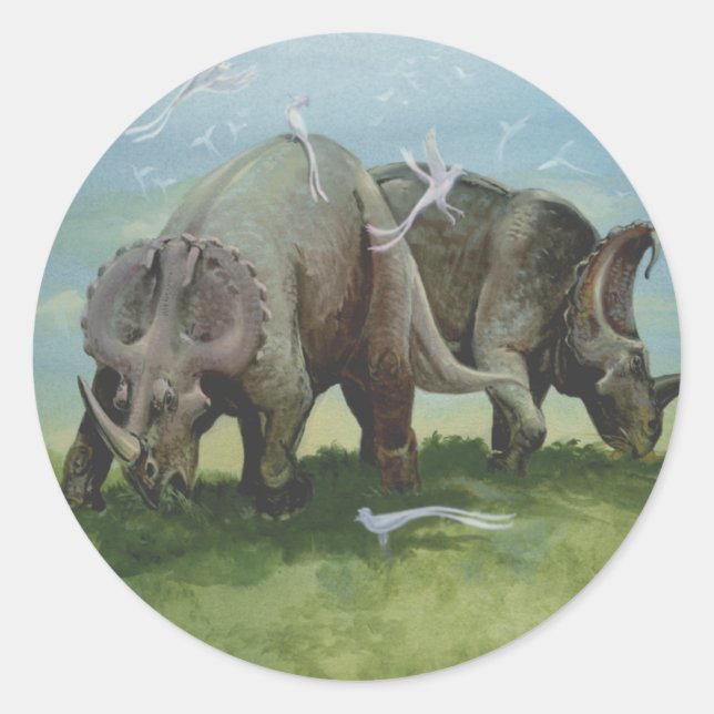 Sticker Rond Dinosaures Vintage, Centrosaurus paissant dans une (Devant)