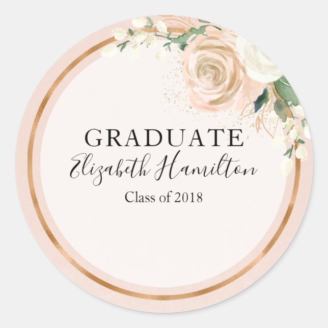 Sticker Rond Diplômé Blush & Rose Gold Moderne Chic Floral (Devant)