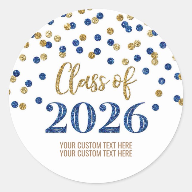 Sticker Rond Diplômé Confettis Bleu Or 2026 (Devant)