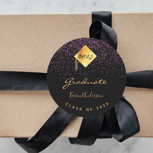 Sticker Rond Diplômé de la fête noire violet casquette (Créateur téléchargé)