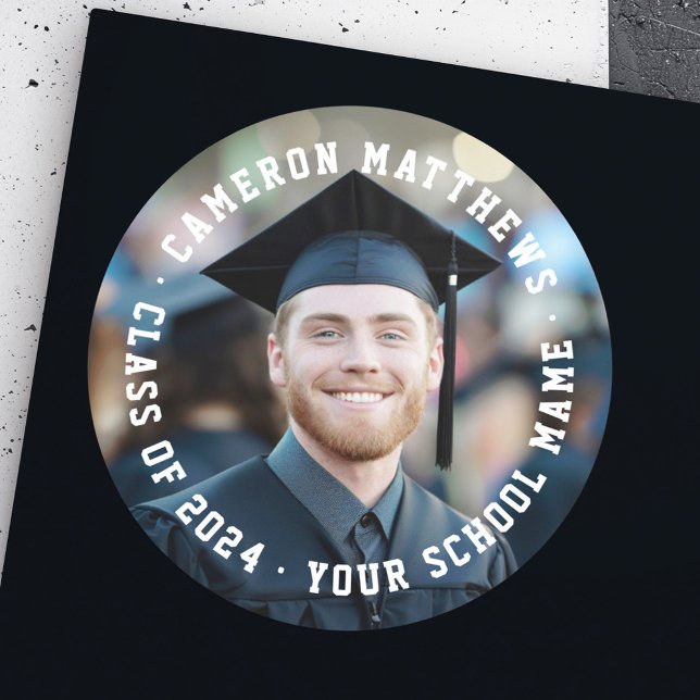 Sticker Rond Diplôme étudiant photo complète moderne (Student graduation full photo modern classic round sticker)
