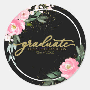 Sticker Rond Diplômé Fleur rose vif Fête de graduation Noir