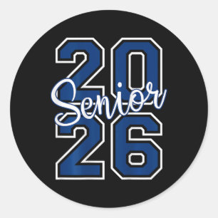 Sticker Rond Diplômé Senior 2026 Varsity Bleu Marine Blanc Sur