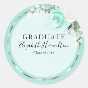 Sticker Rond Diplômé Turquoise et Argent Moderne Chic Floral