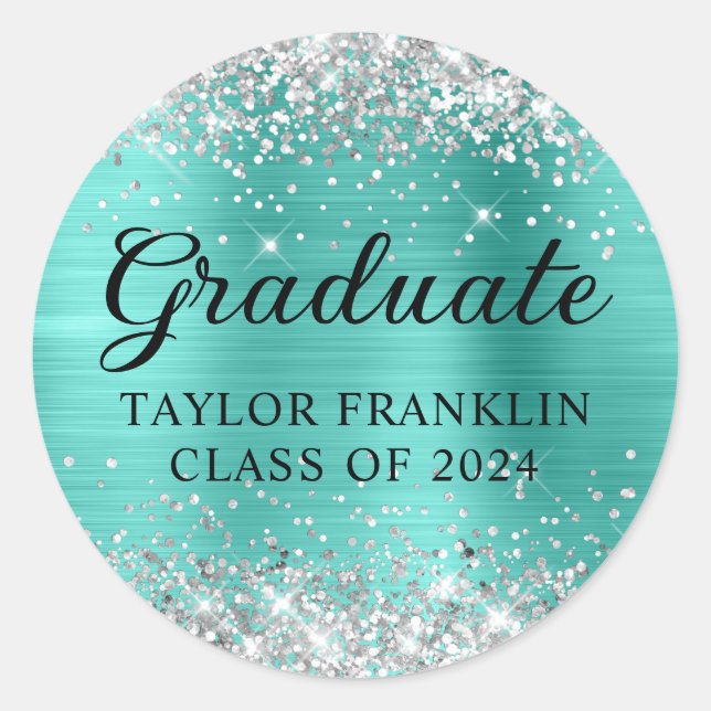 Sticker Rond Diplômée de la promotion 2024 Turquoise Paillettes (Devant)