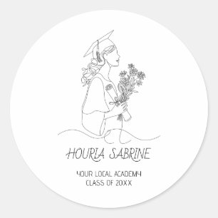 Sticker Rond Diplômée de l'art de la ligne noir et blanc de la