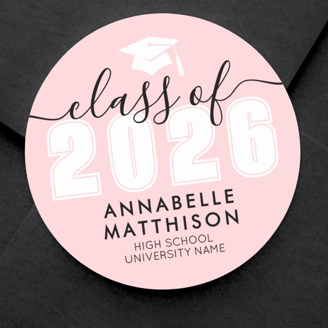Sticker Rond Diplômées roses (Graduate Modern Pink Graduation Classic Round Sticker )