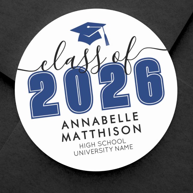 Sticker Rond Diplômés Bleu (Graduate Class Of 2026 Blue Graduation Classic Round Sticker)