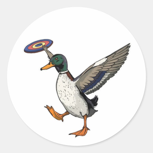 Sticker Rond Disc Golfing Duck Funny Bird (Devant)