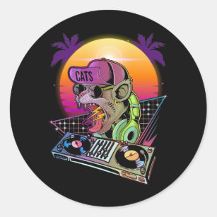 Sticker Rond Disco Cat DJ Vaporwave 80s 90s Techno Music Lover