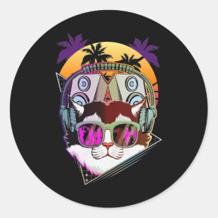 Sticker Rond Disco Cat DJ Vaporwave Music Lover