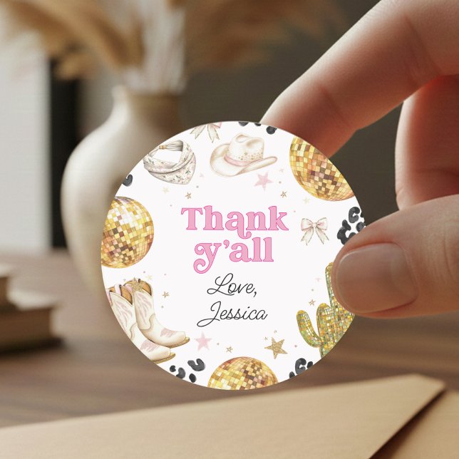 Sticker Rond Disco Cowgirl Rodeo Pink Birthday Party Thank You (Créateur téléchargé)