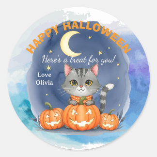 Sticker Rond Diseño halloween gato y calabazas personalizable