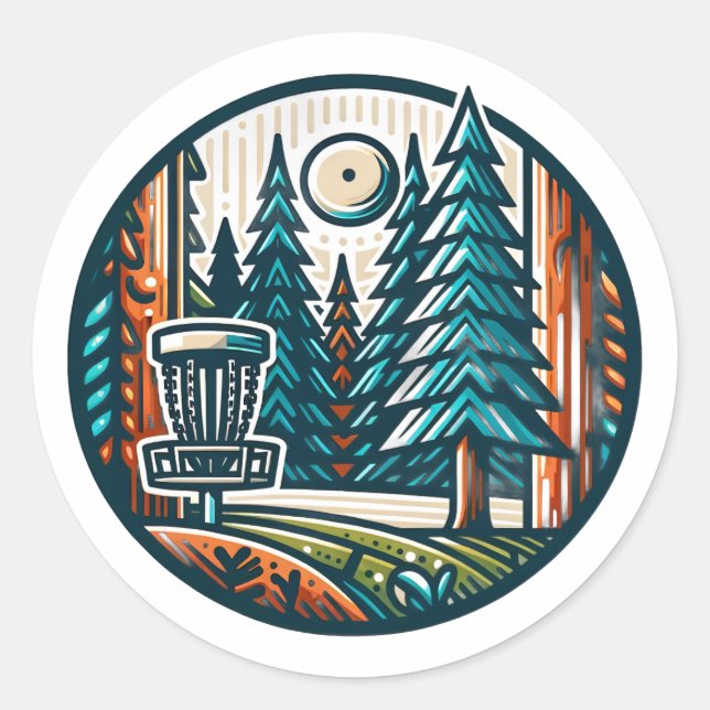 Sticker Rond Disk Golf in the Woods Retro Vibe Art (Devant)