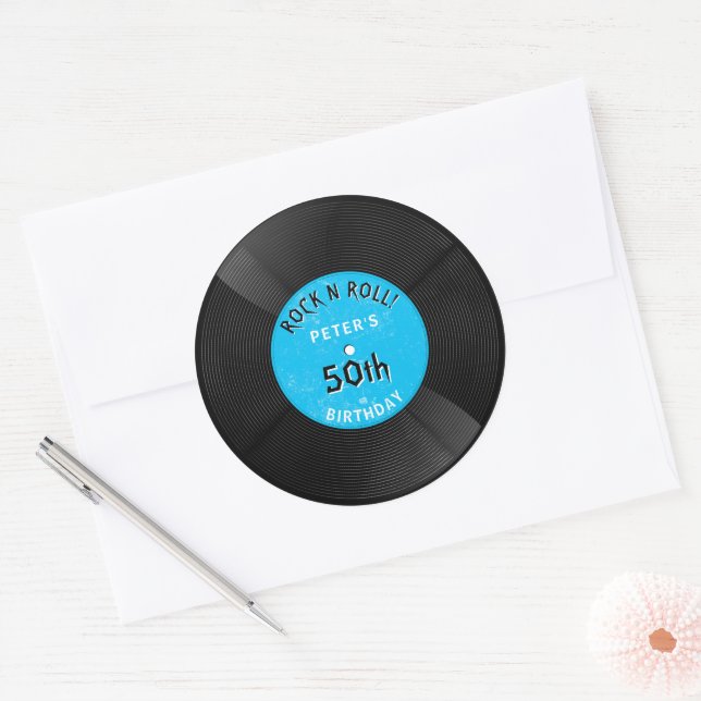 Sticker Rond Disque Vinyle Rétro Rock N Roll Bleu Anniversaire (Enveloppe)