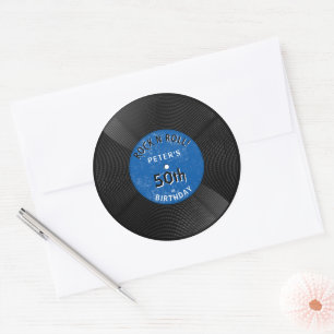 Sticker Rond Disque Vinyle Rétro Rock N Roll Bleu Anniversaire