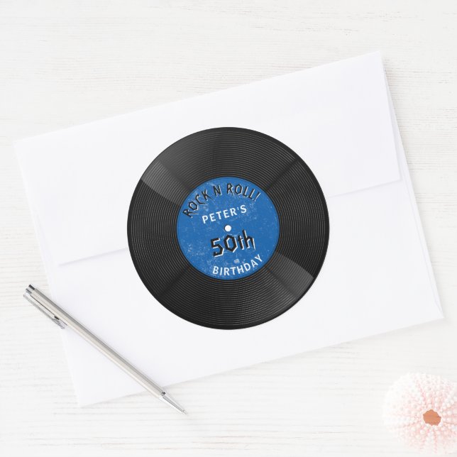 Sticker Rond Disque Vinyle Rétro Rock N Roll Bleu Anniversaire (Enveloppe)
