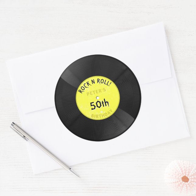 Sticker Rond Disque Vinyle Rétro Rock N Roll Jaune Anniversaire (Enveloppe)