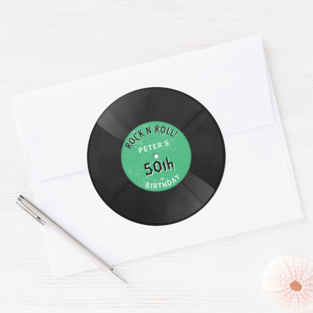 Sticker Rond Disque Vinyle Rétro Rock N Roll Vert Anniversaire (Enveloppe)