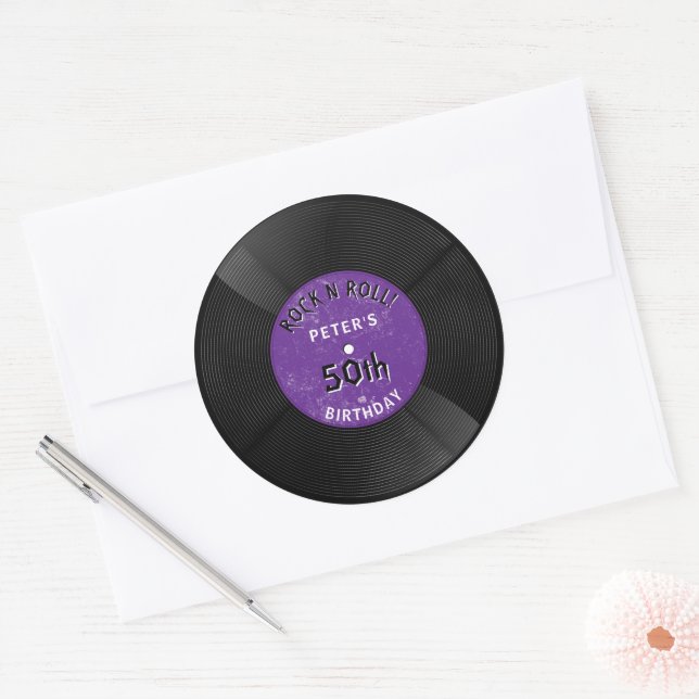 Sticker Rond Disque Vinyle Rétro Rock N Roll Violet Anniversair (Enveloppe)