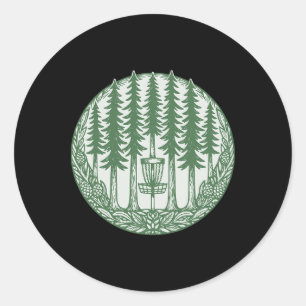 Sticker Rond Disque volant de golf en forêt dessiné avec des pi