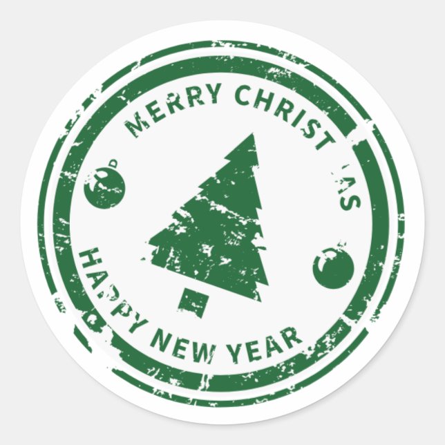 Sticker Rond Distressed Stamp Green Holiday Christmas Tree (Devant)