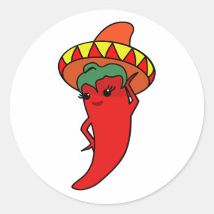 Sticker Rond Diva Piment Rouge Chaud Sombrero Mexicain