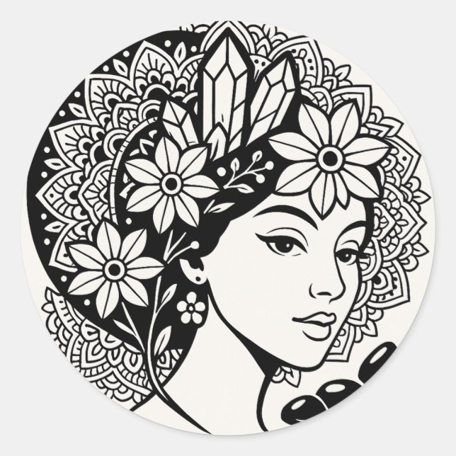 Sticker Rond Divine Feminine Mandala Art Floral Crystal Goddess (Devant)