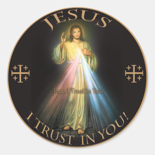 STICKER ROND DIVINE MERCY, JÉSUS J'AI CONFIANCE EN VOUS. (Devant)
