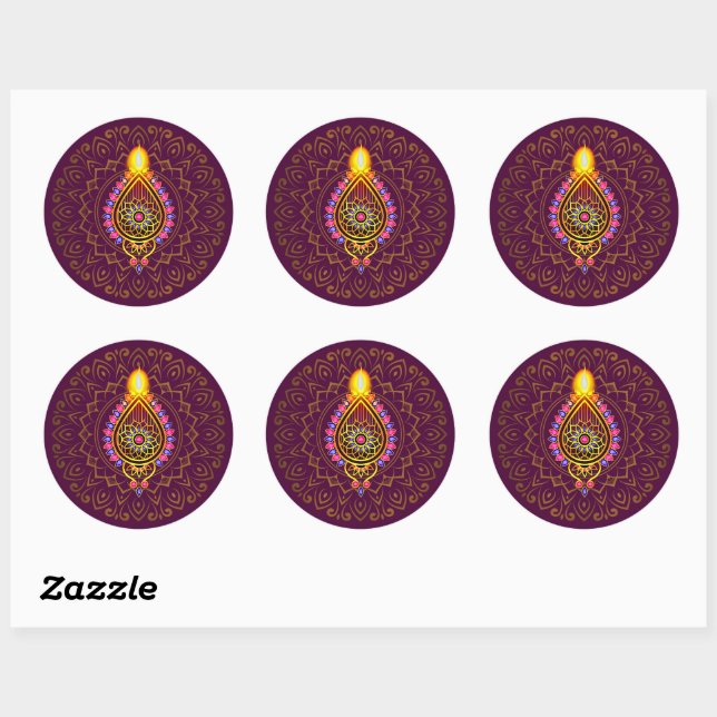 Sticker Rond Diwali Bijoux Diya Design bougie Mandala Purple (Feuille)