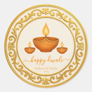Sticker Rond Diwali Diya en cadre doré avec Lampe décorative Ar