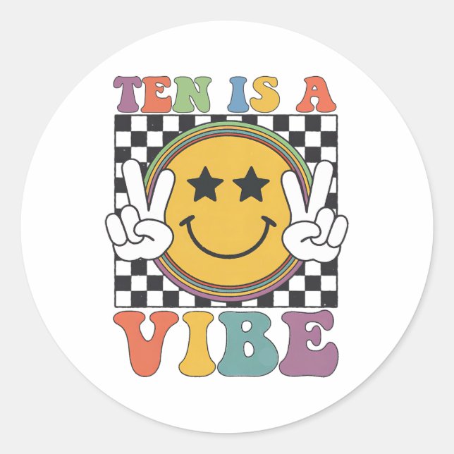 Sticker Rond Dix Ans Est Un 10e Anniversaire Groovy Joyeux 10 A (Devant)