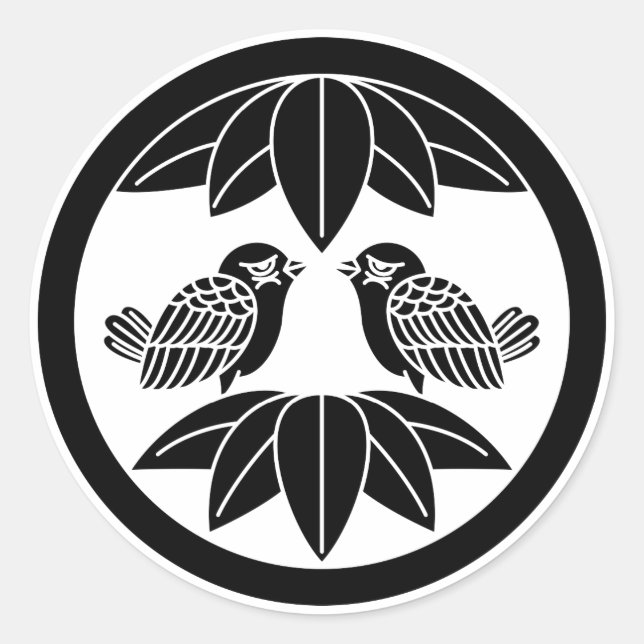Sticker Rond Dix feuilles de bambou & moineaux faisant face en  (Devant)