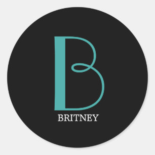 Sticker Rond DIY Large Monogram & Name, Teal/White Text, Black