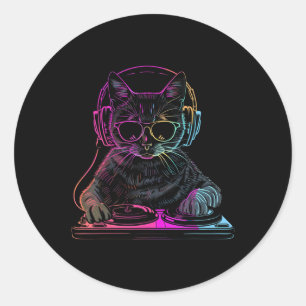 Sticker Rond Dj Cat Edm Techno House Music Amusant Amoureux des