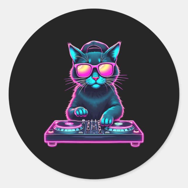 Sticker Rond Dj House Chat Rainbow Dj Chat Kitty (Devant)
