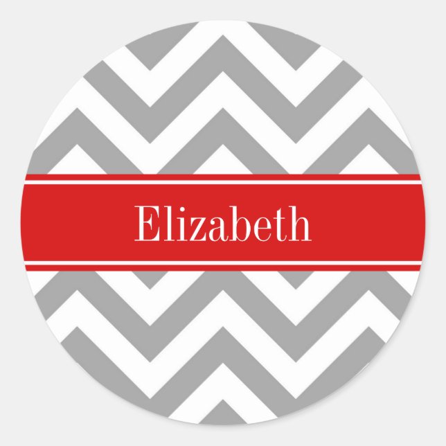 Sticker Rond Dk Gris Blanc LG Chevron Rouge Monogramme Nom (Devant)