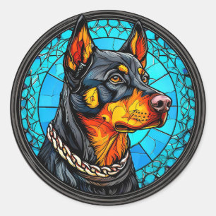 Sticker Rond 🐕 Doberman Chien Gras Gardien Race Portrait Art �