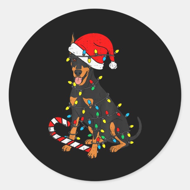 Sticker Rond Doberman Dog Christmas Lights Santa Xmas Pet Dog L (Devant)