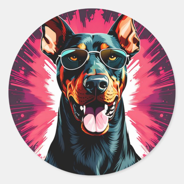 Sticker Rond Doberman Pinscher Avec Lunettes De Soleil (Devant)