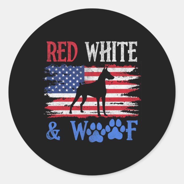 Sticker Rond Doberman Pinscher Drapeau Américain Rouge Blanc Et (Devant)