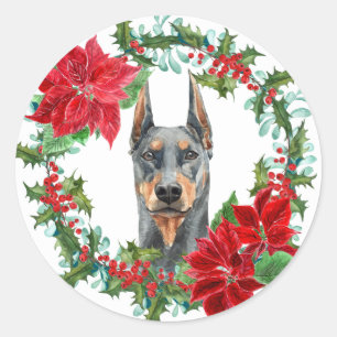 Sticker Rond Doberman Pinscher Poinsettia Holly Wreath