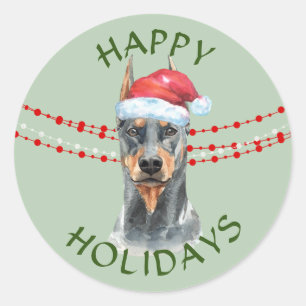 Sticker Rond Doberman Pinscher Santa Hat Joyeuses Fêtes