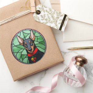 Sticker Rond Doberman Pinscher Vitrail de Noël