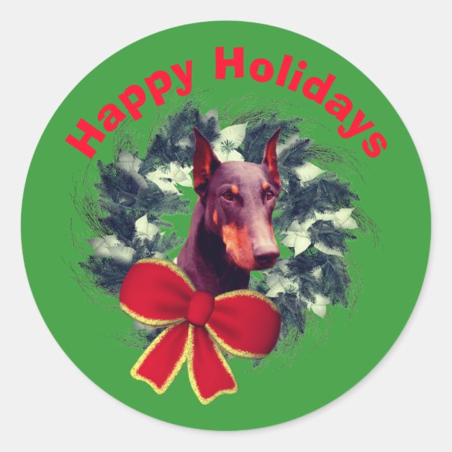 Sticker Rond Doberman Wreath Noël (Devant)