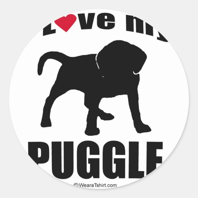STICKER ROND "DOG BREED" - PUGGLE - "J'AIME MON PUGGLE" (Devant)