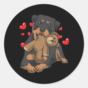 Sticker Rond Dog Rottweiler avec animal farci et les coeurs