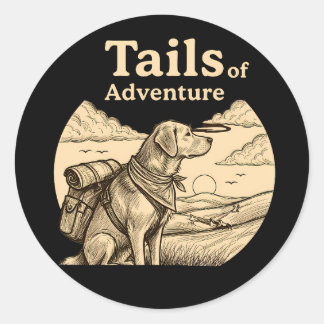 Sticker Rond Dog Tails of Adventure Funny Dog Lover Hiking 