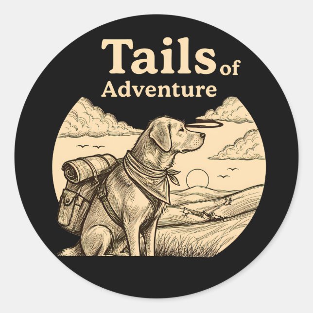 Sticker Rond Dog Tails of Adventure Funny Dog Lover Hiking  (Devant)